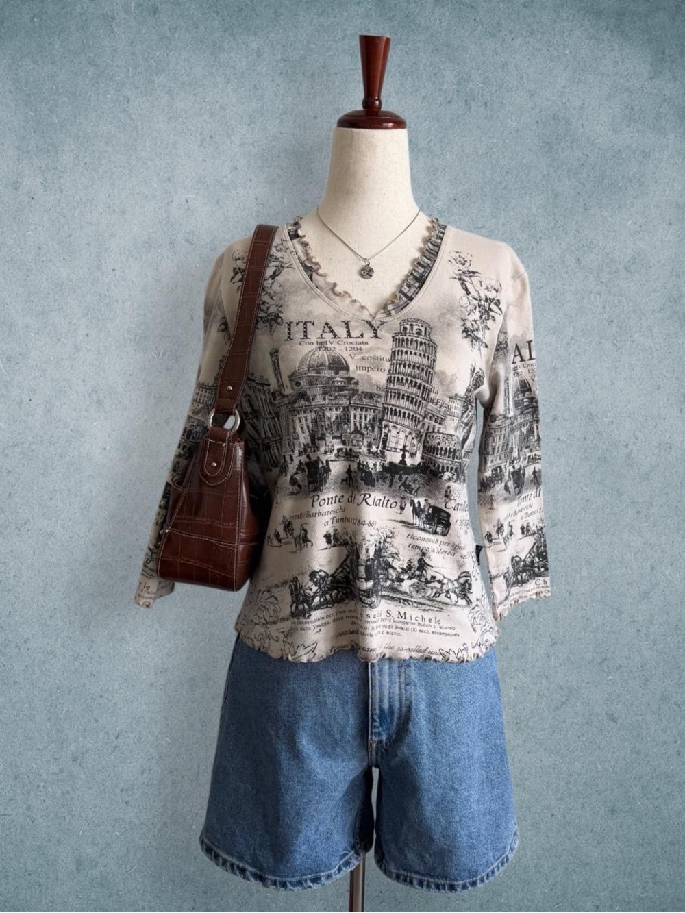 beige italian print long sleeve shirt - size m